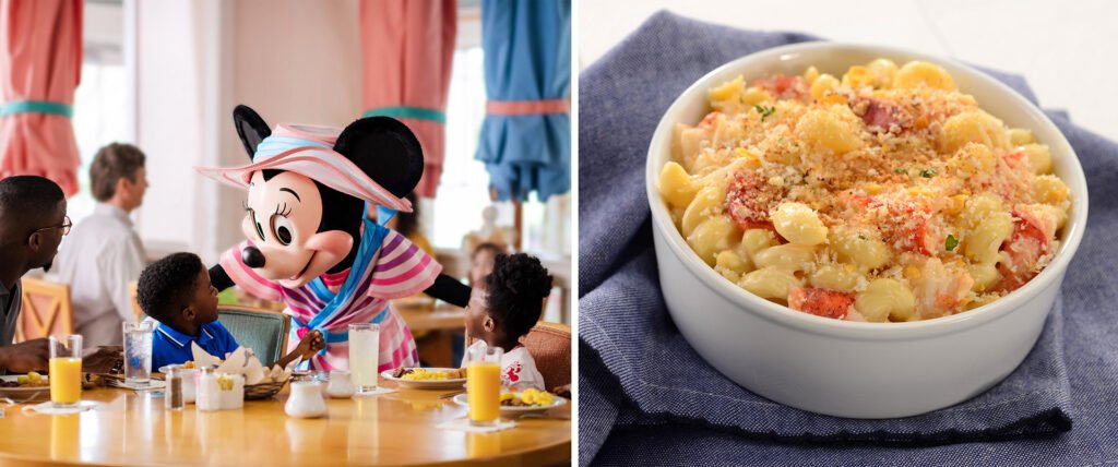 Minnie saluda a una familia en Cape May Cafe, junto a una imagen del buffet. Composición oficial de Disney Parks Blog.