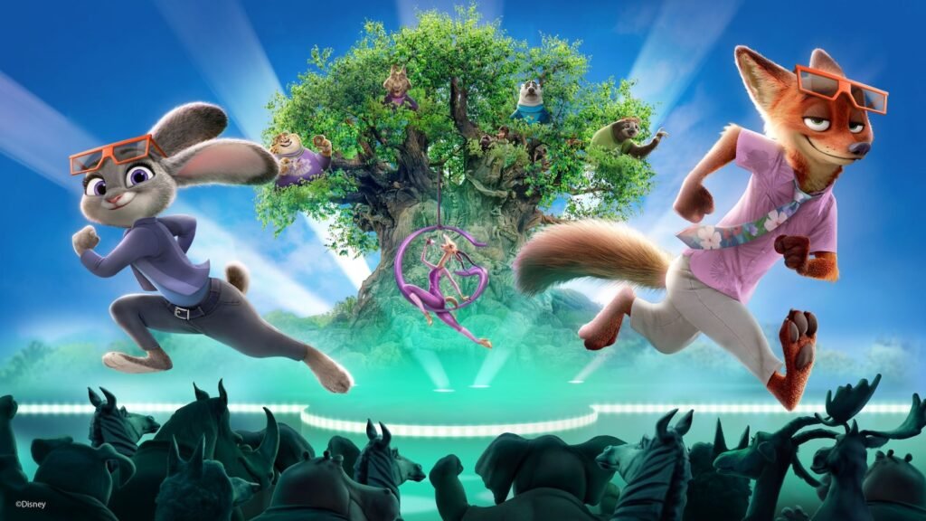 A promotional tile for Zootopia, Better Zoogether at Disney’s Animal Kingdom featuring Judy Hopps, Nick Wilde and other characters from Zootopia at the Tree of Life