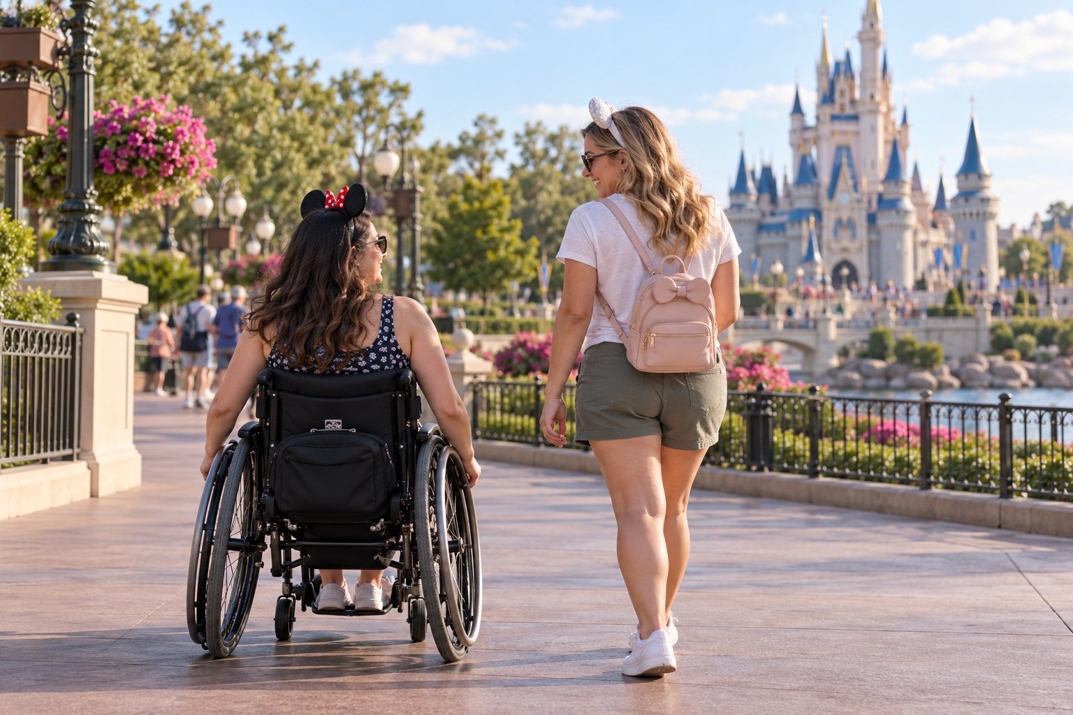 Visitante en silla de ruedas junto a su acompañante en Disney, imagen ilustrativa
