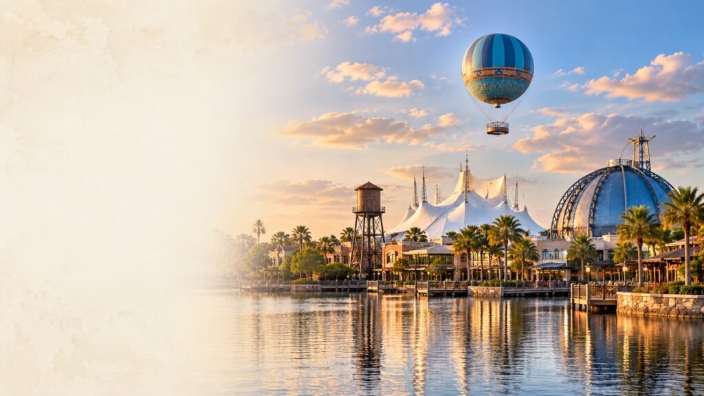 Ilustración de Disney Springs con el globo Aerophile, Cirque du Soleil y Planet Hollywood junto al agua.