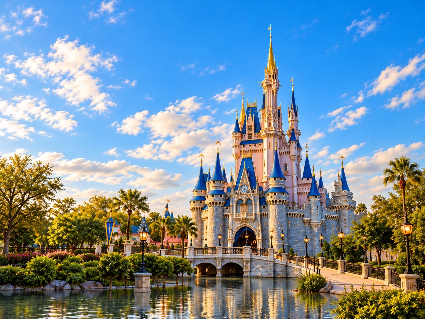 Ilustración del castillo de Magic Kingdom junto al agua, con cielo azul