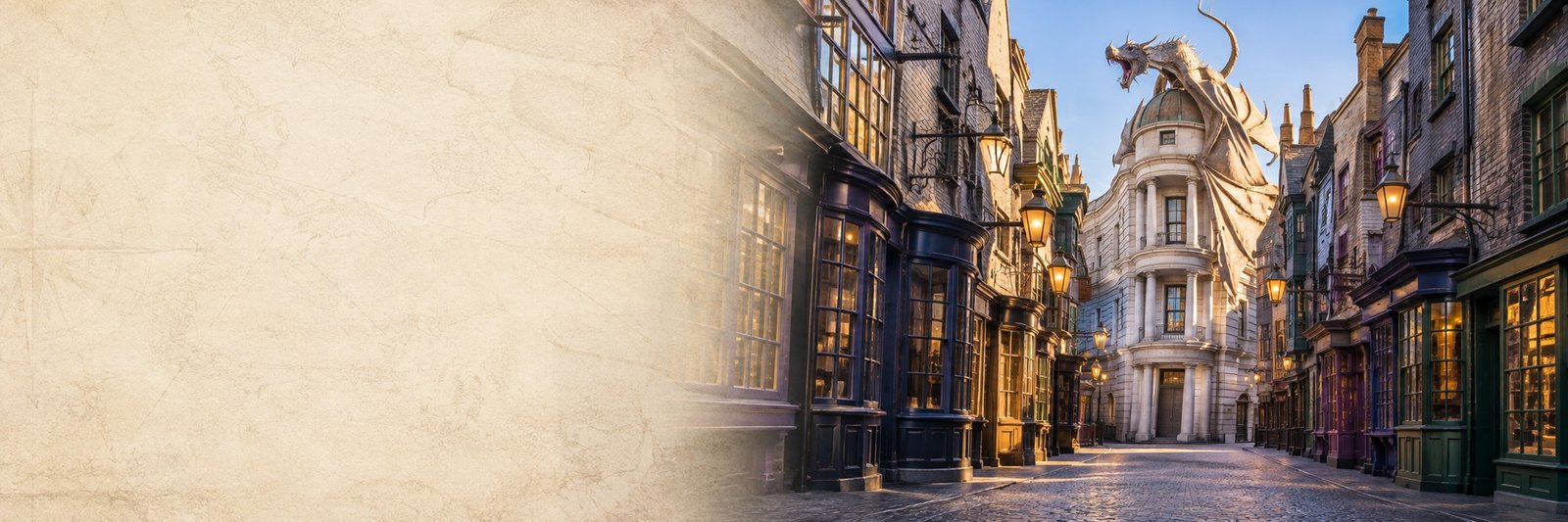 Ilustración editorial de Diagon Alley con Gringotts para Universal Studios Florida