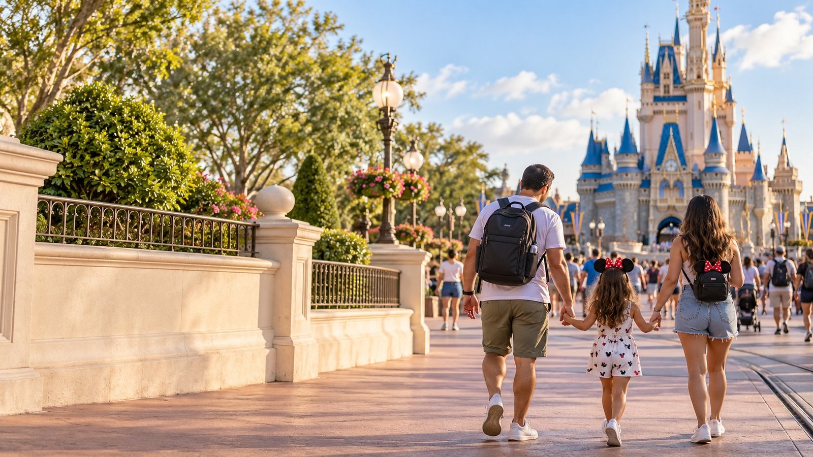 Familia caminando hacia un castillo Disney, imagen ilustrativa